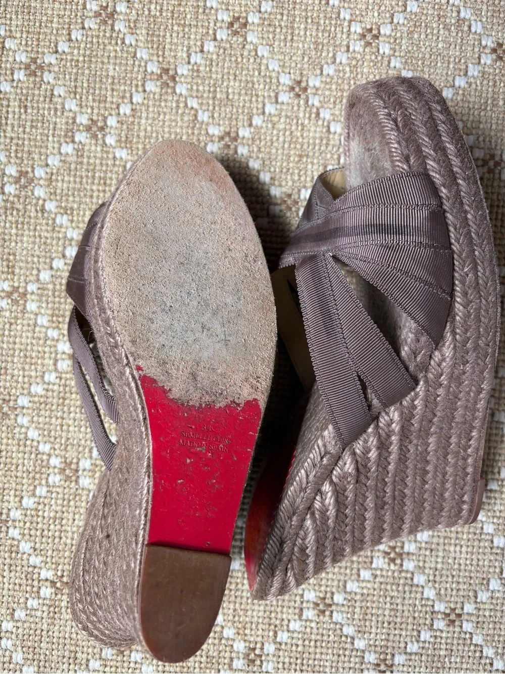Christian Louboutin Brown Woven Wedge Slides with Red Soles